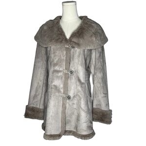 Jones New York Taupe Faux Suede Fur Trim Shawl Collar Jacket Y2K